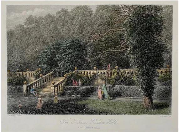 Antique engraving. Derbyshire, Haddon Hall Terrace, 1875.: Title: The Terrace, Haddon Hall. Engraver: John Godfrey (British, 1817-1889). Artist: after John Chase (British, 1810–1879). Description: Steel engraved antique print with recent hand colour, on hea