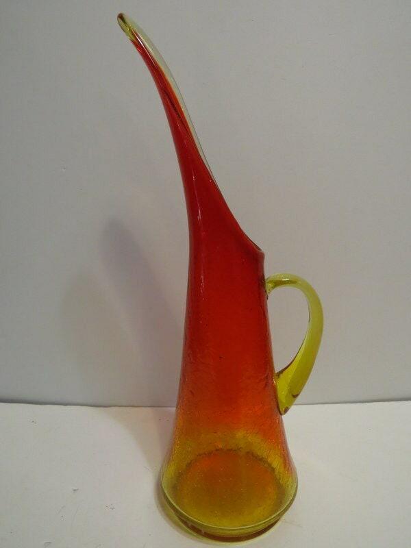 Mid Century Crackle Glass Vase Amberina Optic Kanawha Pitcher Orange Modern (1 of 5)
