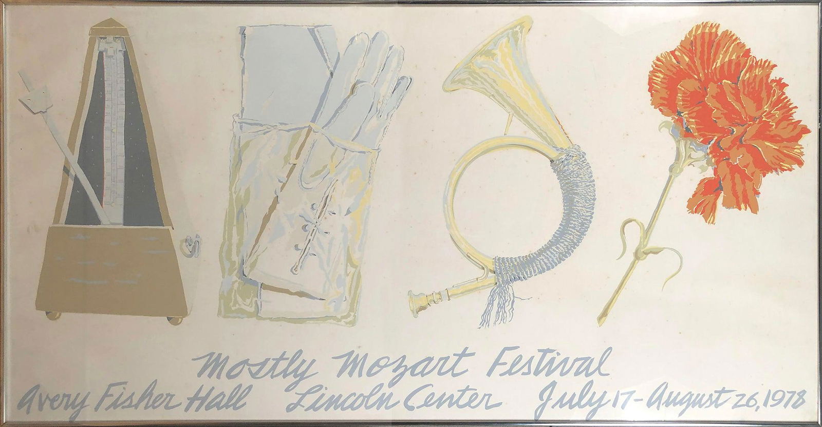 Don Nice - Mozart Predella - 1978 Serigraph 38.5" x 72.25": Mozart Predella by Don Nice, 1978 Unsigned Serigraph. Paper size is 38.5 x 72.25 inches, with an image size of 38.25 x 72 inches. The Serigraph is from an unknown edition size. and is currently framed