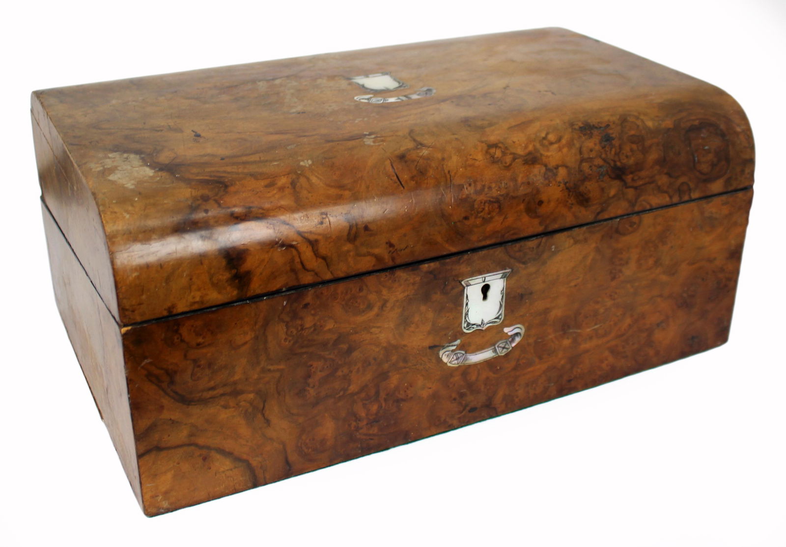 Victorian Walnut Writing Box with Mother of Pearl Crested Decoration (1 of 9)