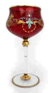 Set of 6 Italian Enamelled & Gilded Ruby Glass Goblets: Set of 6 Italian Enamelled & Gilded Ruby Glass Goblets c.1930. All in very good condtion, no chips or cracks, very minor wear only to gilding Reserve: $357.00 Shipping: Domestic: Flat-rate of $77.00 t