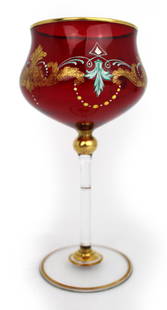 Set of 6 Italian Enamelled & Gilded Ruby Glass Goblets: Set of 6 Italian Enamelled & Gilded Ruby Glass Goblets c.1930. All in very good condtion, no chips or cracks, very minor wear only to gilding Reserve: $357.00 Shipping: Domestic: Flat-rate of $77.00 t