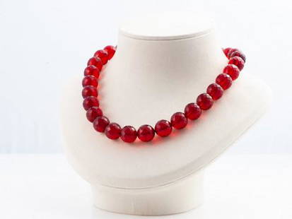 Red Amber Necklace/Collier: Title: Red Amber Necklace/Collier Materials: Red amber Weight: 50.4 Additional Information: Ruby Red amber necklace/collier made of faceted ball beads. Beads dimensions: 14mm/0.55inch. Reserve: $545.0