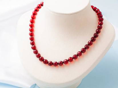 Ruby Red Amber Necklace made faceted 9mm ball beads: Title: Ruby Red Amber Necklace made faceted 9mm ball beads Materials: Red amber Weight: 20 Additional Information: Unique Necklace is made of Precious Ruby Red Amber. Handmade, faceted 9mm ball shape