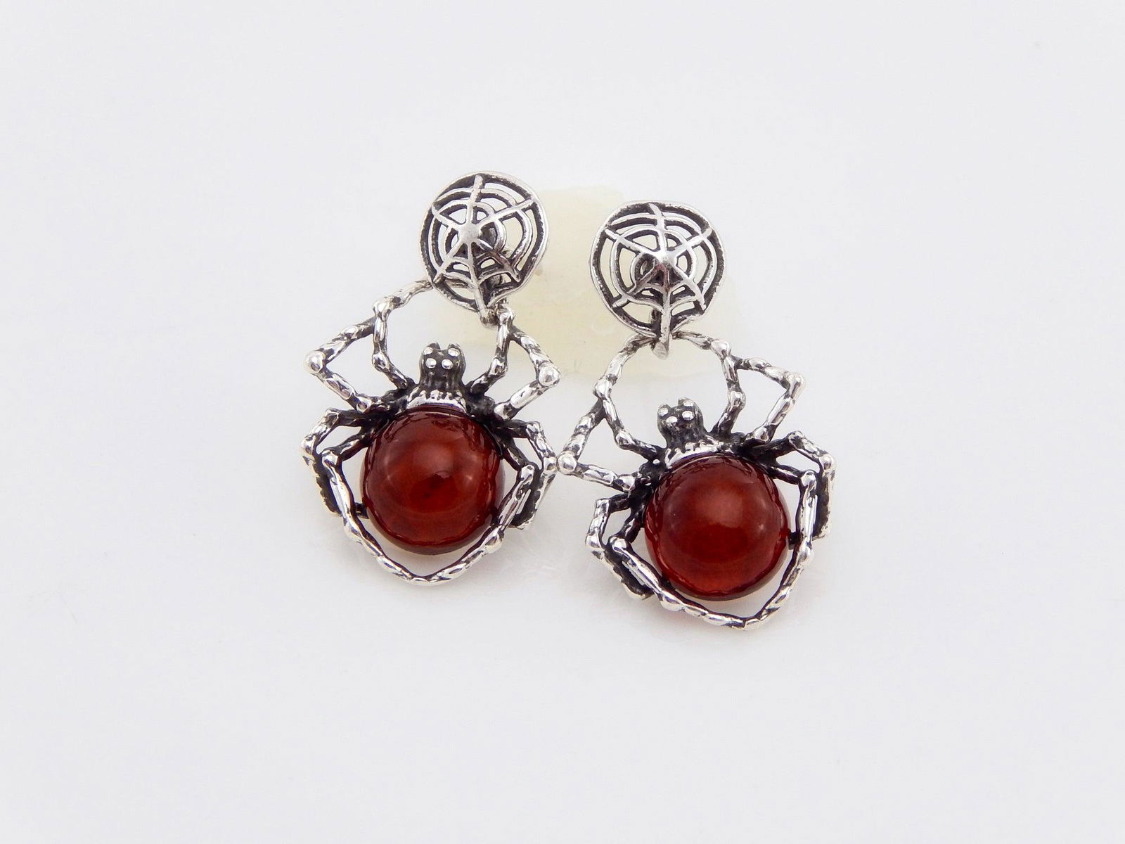 Natural Baltic Cherry Amber Black Widow Earrings in 925 Sterling Silver (1 of 4)