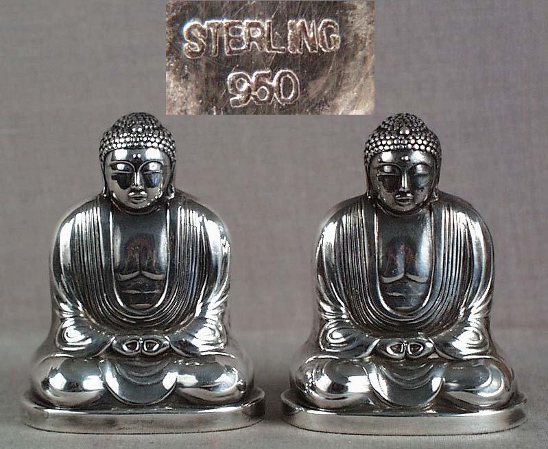 Pair 1930s Japanese silver salts AMIDA BUDDHA (1 of 6)
