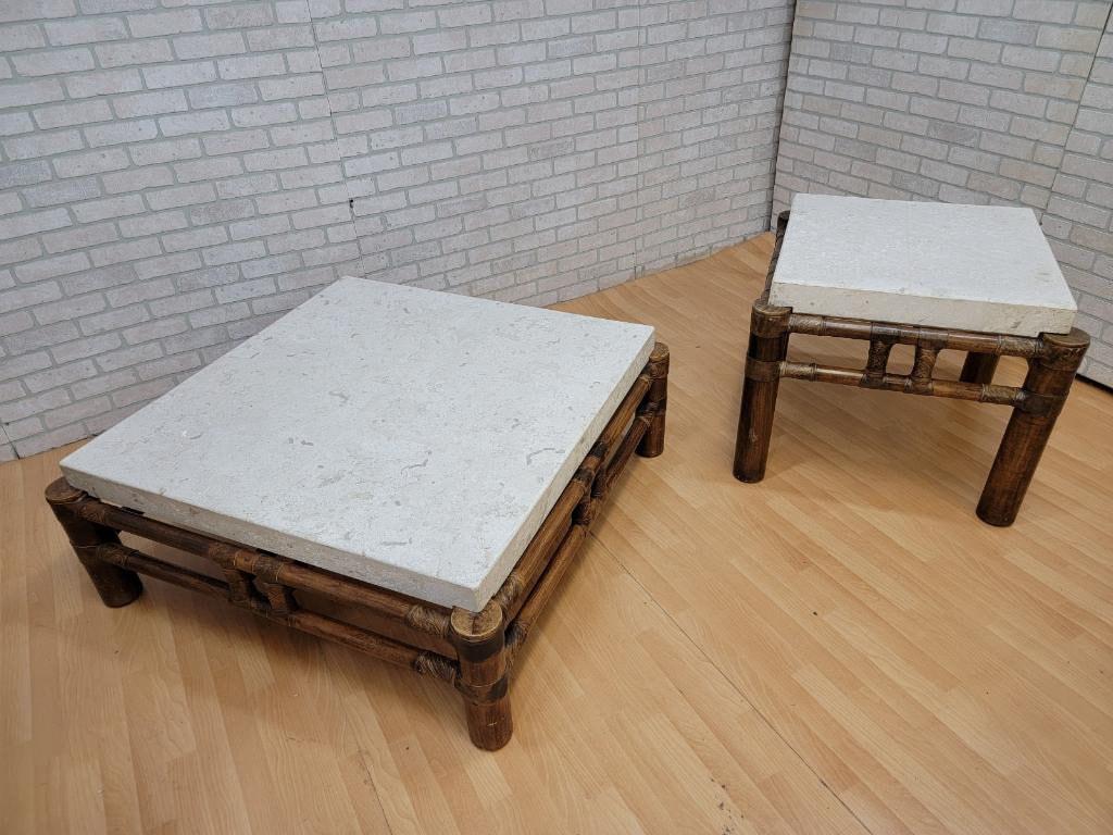 Vintage Budji Layug Style Bamboo and Fossiliferous Stone Slab Top Coffee & Cocktail Tables - Set of (1 of 10)