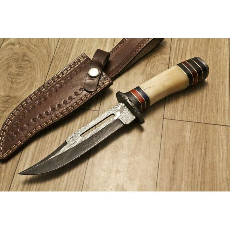 Bowie hunting damascus steel knife skinner camel bone: Knife "Flores" made of damask steel. Handle – camel bone and scabbard - genuine leather. Damascus knives are very durable, look great and keep sharpness perfectly. Damascus steel has high qualit