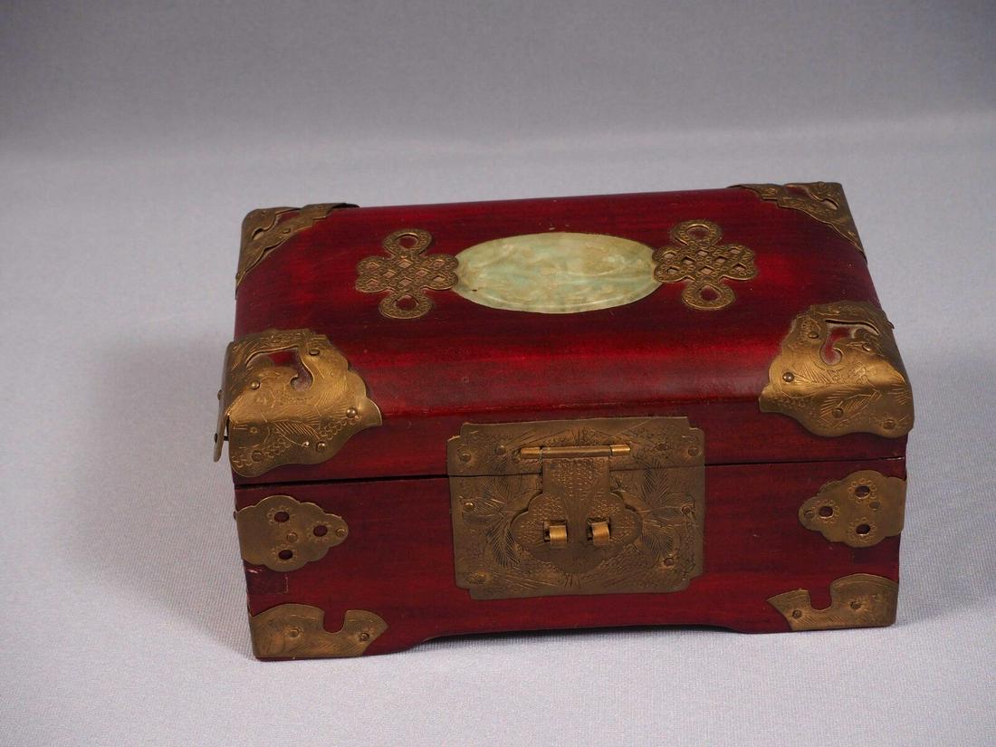 Chinese Wood Ornate Jewelry Trinket Box Lacquer Brass Carved Jade (1 of 6)