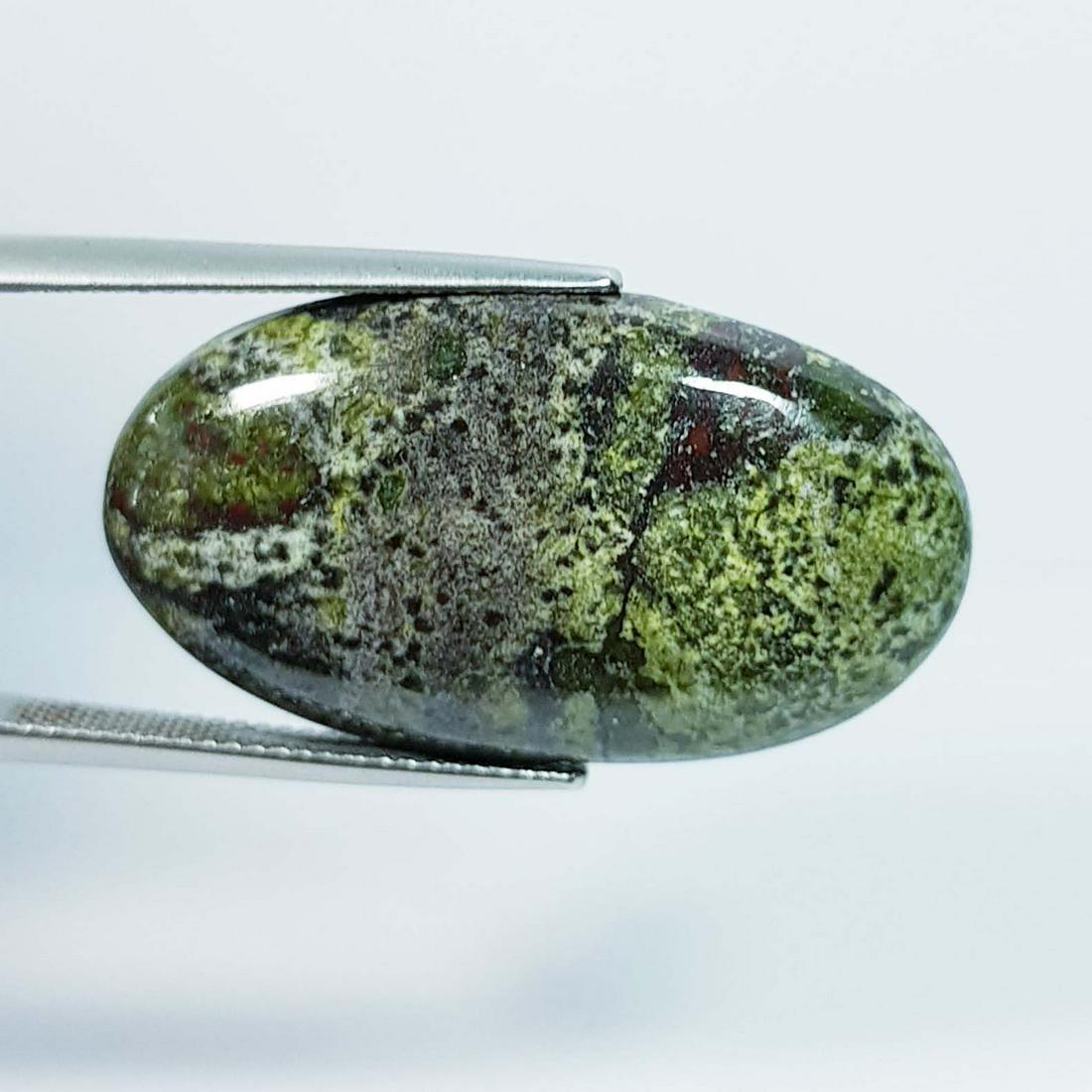 29.66 ctz Natural Dragon Jasper: No Reserve! Title: 29.66 ctz Natural Dragon Jasper Color/Clarity: Green / Opaque Gemstones: Jasper Carat Weights: 29.66 Size/Dimensions: 32.55 x 18.15 x 5.20 Additional Information: Oval / Brazil Ship