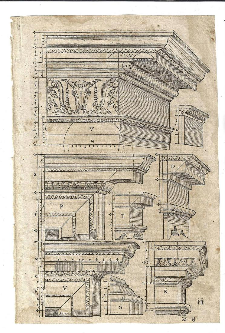 1579 Woodcut Leaf Architecture Hans Blum: [Architecture] A leaf from "Ein Kunstrych Buch von Allerlen antiquiteten..", printed at Zurich by Chrystoffel Froschower (Froschauer), circa 1579. Full page woodcut with text on verso, Very Good with 