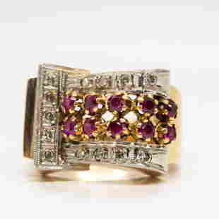 18K Gold and Platinum 1940â€™s Retro Diamond and Ruby Ring: The Alaina ring is an authentic Retro ring handmade in the 1940’s. The ring features 12 round cut synthetic rubies that weigh 0.40ctw and 13 single cut diamonds of H color, VS2 clarity that weig