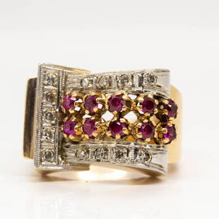 18K Gold and Platinum 1940â€™s Retro Diamond and Ruby Ring: The Alaina ring is an authentic Retro ring handmade in the 1940’s. The ring features 12 round cut synthetic rubies that weigh 0.40ctw and 13 single cut diamonds of H color, VS2 clarity that weig