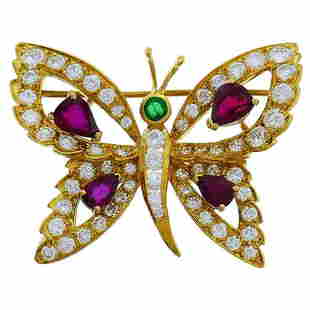 Vintage 14k Gold Butterfly Pin Brooch Clip with Diamond Ruby Emerald: Title: Vintage 14k Gold Butterfly Pin Brooch Clip with Diamond Ruby Emerald Description: Lovely colorful pin made of 14 karat yellow and white gold, set with diamonds, rubies, and emeralds. The diamon