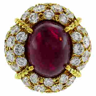 Van Cleef & Arpels Burmese Ruby Diamond Gold Ring, 1985: Title: Van Cleef & Arpels Burmese Ruby Diamond Gold Ring, 1985 Description: Stunning and chic cocktail ring created by Van Cleef & Arpels in France in 1985. Features an approximately 8.86-carat oval c
