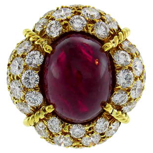 Van Cleef & Arpels Burmese Ruby Diamond Gold Ring, 1985: Title: Van Cleef & Arpels Burmese Ruby Diamond Gold Ring, 1985 Description: Stunning and chic cocktail ring created by Van Cleef & Arpels in France in 1985. Features an approximately 8.86-carat oval c