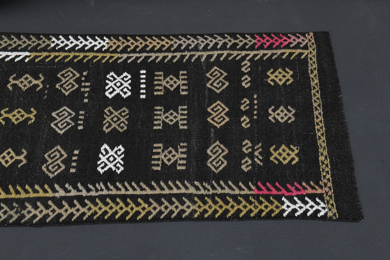 1'9x7'5 Ft TURKISH Stair Decor Rug: Title: 1'9x7'5 Ft TURKISH Stair Decor Rug Origin: Turkey Date/Period: 1960 - 1970 Dimension: Width: 1.9 feet Length: 7.5 feet Materials: Wool and Cotton Description: This one-of-a-kind Vintage Flatwea
