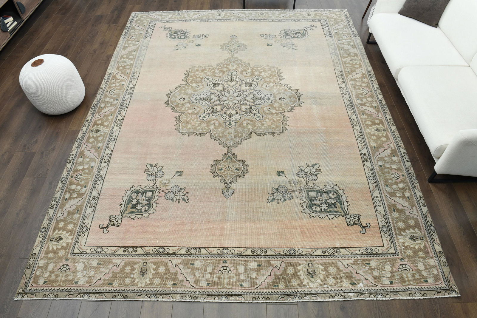 9x12 Original Oushak Turkish Antique Carpet Handwoven Rug: Title: 9x12 Original Oushak Turkish Antique Carpet Handwoven Rug Origin: Turkey Date/Period: 1960 - 1970 Dimension: Width: 9.3 feet Length: 12 feet Materials: Wool and Cotton Description: This one-of-