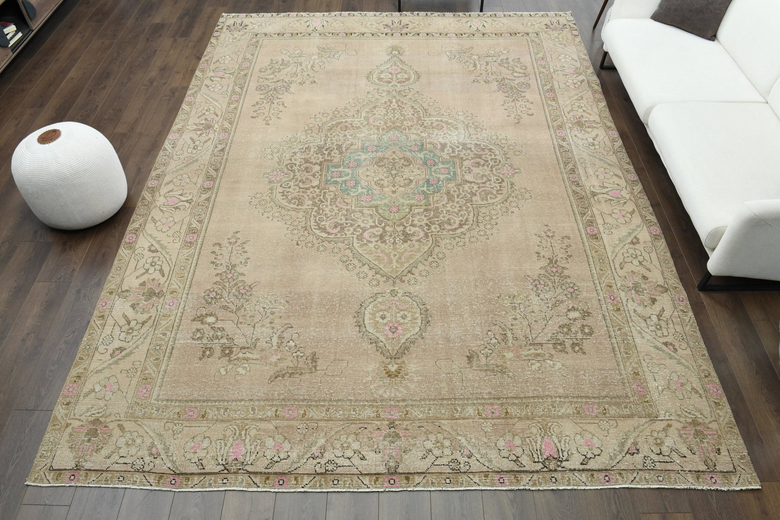9x12 Original Oushak Turkish Antique Carpet Handwoven Rug: Title: 9x12 Original Oushak Turkish Antique Carpet Handwoven Rug Origin: Turkey Date/Period: 1960 - 1970 Dimension: Width: 9.3 feet Length: 12.3 feet Materials: Wool and Cotton Description: This one-o
