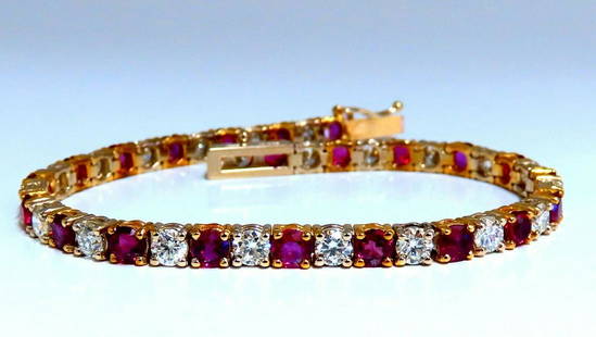 9.82ct Natural Ruby Diamonds Alternating Tennis Bracelet 14kt.: Ruby & Classic Alternating Tennis. 5.70ct. Natural ruby bracelet. Rounds, full cuts Clean clarity Transparent & Vivid Reds. Average 4mm each 4.12ct Natural Diamonds Rounds & full cuts Vs-s clarity G-c