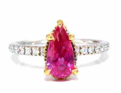 AIGS certified 1.45ct No Heat Ruby Ring 14kt raised mod deck: AIGS certified pear shape ruby ring.No heat ruby, red-pink color.9.2x4.6 mm..45ct natural side round diamonds.G-color, vs2-clarity14 karat white goldDepth of ring 7 mmSize 4.75, we may resize.2.4 g...