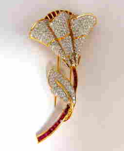 11.50ct Natural Ruby Diamond Brooch Pin 3D 18kt: Floral Bundle Brooch Pin 5.00ct natural diamonds Rounds, Full cut Brilliant. G-color VS-2 clarity. 6.50ct natural ruby. Baguette, square cuts. 18kt yellow gold 3D intricate detail of flowers 24.5 gram