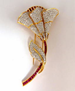 11.50ct Natural Ruby Diamond Brooch Pin 3D 18kt: Floral Bundle Brooch Pin 5.00ct natural diamonds Rounds, Full cut Brilliant. G-color VS-2 clarity. 6.50ct natural ruby. Baguette, square cuts. 18kt yellow gold 3D intricate detail of flowers 24.5