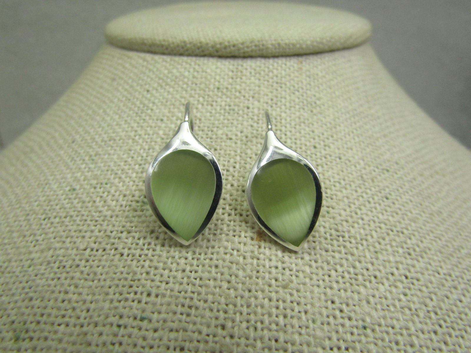 Sterling Green Mother-of-Pearl Leaf Earrings, Signed (1 of 4)