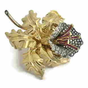 Antique Art Nouveau Diamond Ruby Flower Brooch Pin 18K Yellow Gold, 38.16 Gr: Antique Art Nouveau Diamond Ruby Flower Brooch Pin 18K Yellow Gold, 38.16 Gr This is a beautiful one-of-a-kind brooch. Please let us know if you have any questions. Circa: 1895 - 1910; Art Nouveau Dia