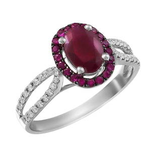 Impressive Ruby Diamond White Gold Ring: Title: Impressive Ruby Diamond White Gold Ring Description: Ring White Gold 14 K (Matching Earrings Available) Diamond 34-Round 57-0,15-4/5A Ruby 20-Round-0,155 Т(5)/5- Ruby 1-Oval-0,99 Т(