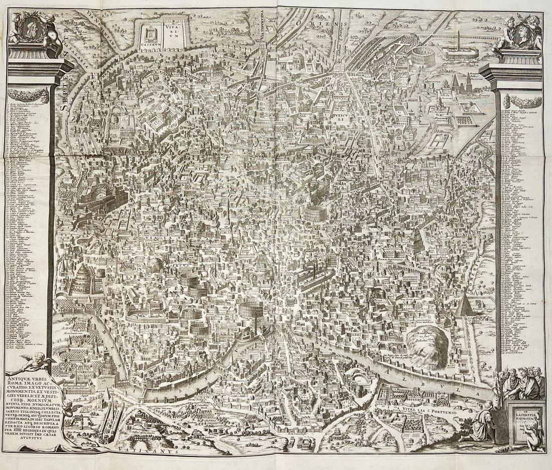 Antique Map - Ancient Rome, from the time of Augustus Caesar: Description: Stunning antique engraved map of Ancient Rome, from the time of Augustus Caesar, made by Pieter van der Aa following the model of Renaissance mapmaker Pirro Ligorio. The map shows Rome in