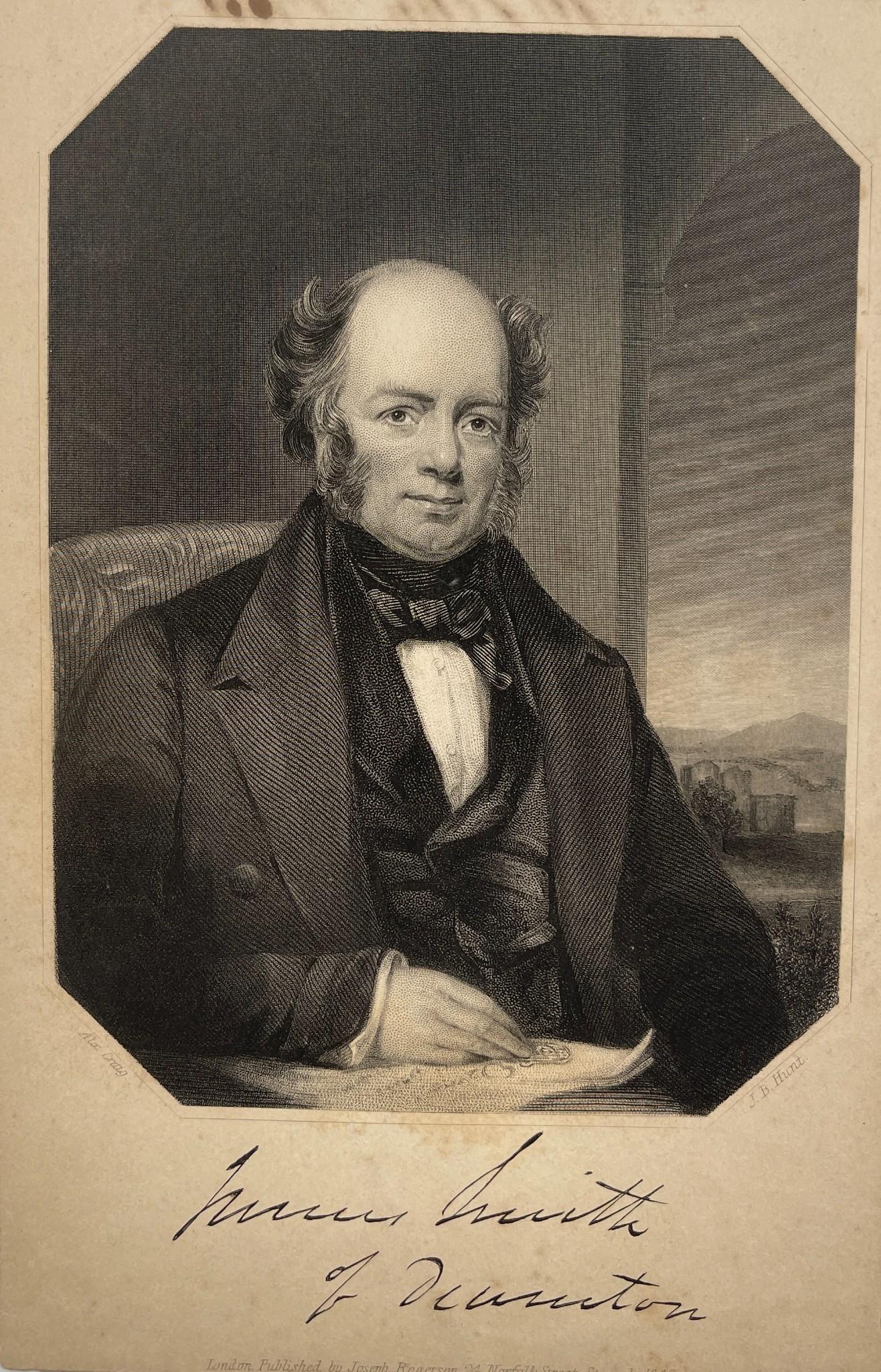 Antique Engraving Print - Portrait of James Smith of Deanstone - British Poet: Description: Portrait of James Smith of Deanstone (1789 - 1850) - British poet. Joint author with brother Horatio of 'Rejected Addresses'. Half-length sitting in armchair to right, by window, in octag
