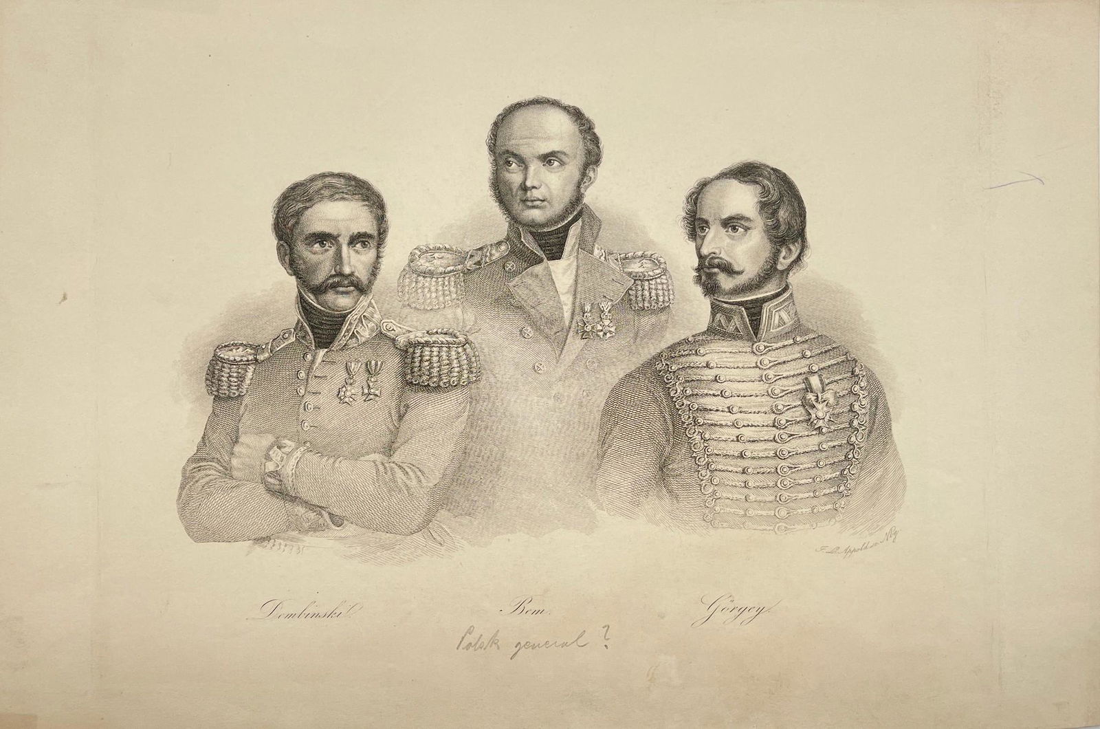 Antique Engraving Print - Portrait of the Three Generals - Dembinski - Kossuth (1 of 2)
