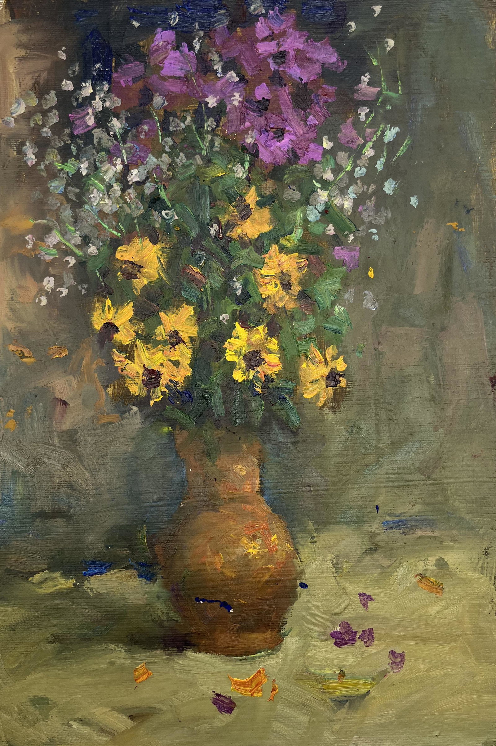 Oil painting bouquet of flowers Sergey Ivanovich: 52DDD Painter: Sergey Ivanovich Animov Sіze: 24x38 cm/9.45x15 inches Components: canvas, oil Original painting from our collection ERA: modern About the artist: Serhiy Ivanovych was born on May 