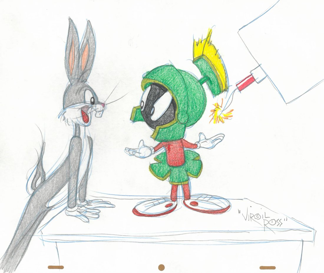 Signed Warner Brothers Original 1990's Color Drawing Virgil Ross Bugs Bunny Marvin The Martian (1 of 2)