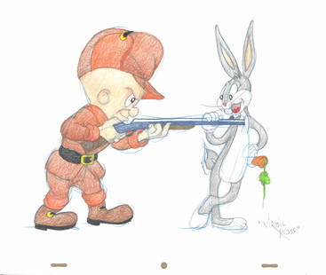 Warner Brothers Drawing Bugs Bunny Elmer Fudd Signed Virgil Ross 1990's: An original drawing, in colored pencil, of Bugs Bunny & Elmer Fudd signed by legendary Warner. Bros and Hanna Barbera. animator, VIRGIL ROSS. This drawing is a one-of-a-kind piece of artwork created f