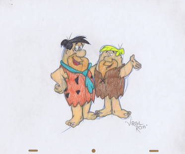 Signed Warner Brothers Original 1990's Color Drawing Virgil Ross Flintstones Hanna-Barbera: Fred Flintstone and Barney Rubble. (Warner Brothers, c. 1990s). An original one-of-a-kind drawing by famed Warner Brothers and Hanna-Barbera animator, the late Virgil Ross. This is done on 3-peghole a