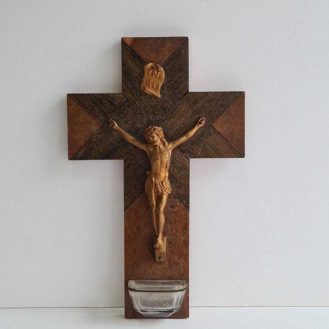 Wall Crucifix with Holy Water Font, Wooden Church Cross, Jesus Christ (1 of 6)