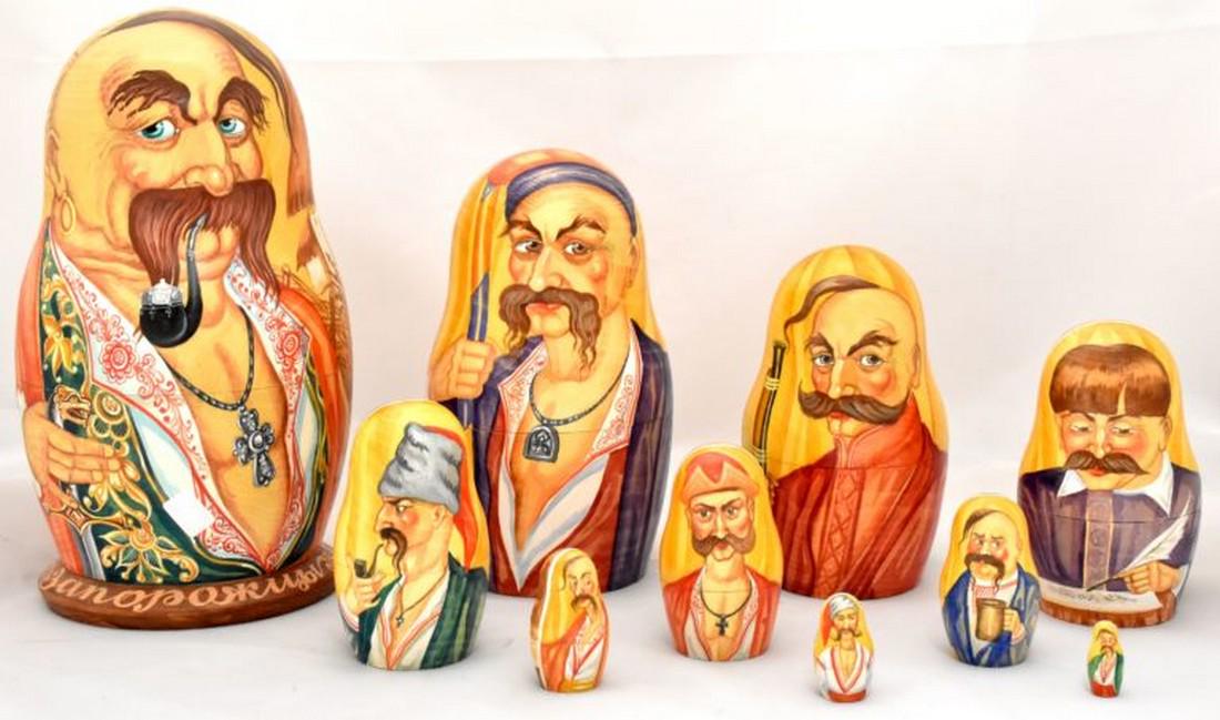 Matreshka: Matreshka. Traditional russian wooden nesting doll with Cossacks. Handmade, handpainted with artist’s signature. Sergiyev Posad, 10 pcs. "Dimensions: 13 × 25 cm" Reserve: $180.00 Shipping: Dome