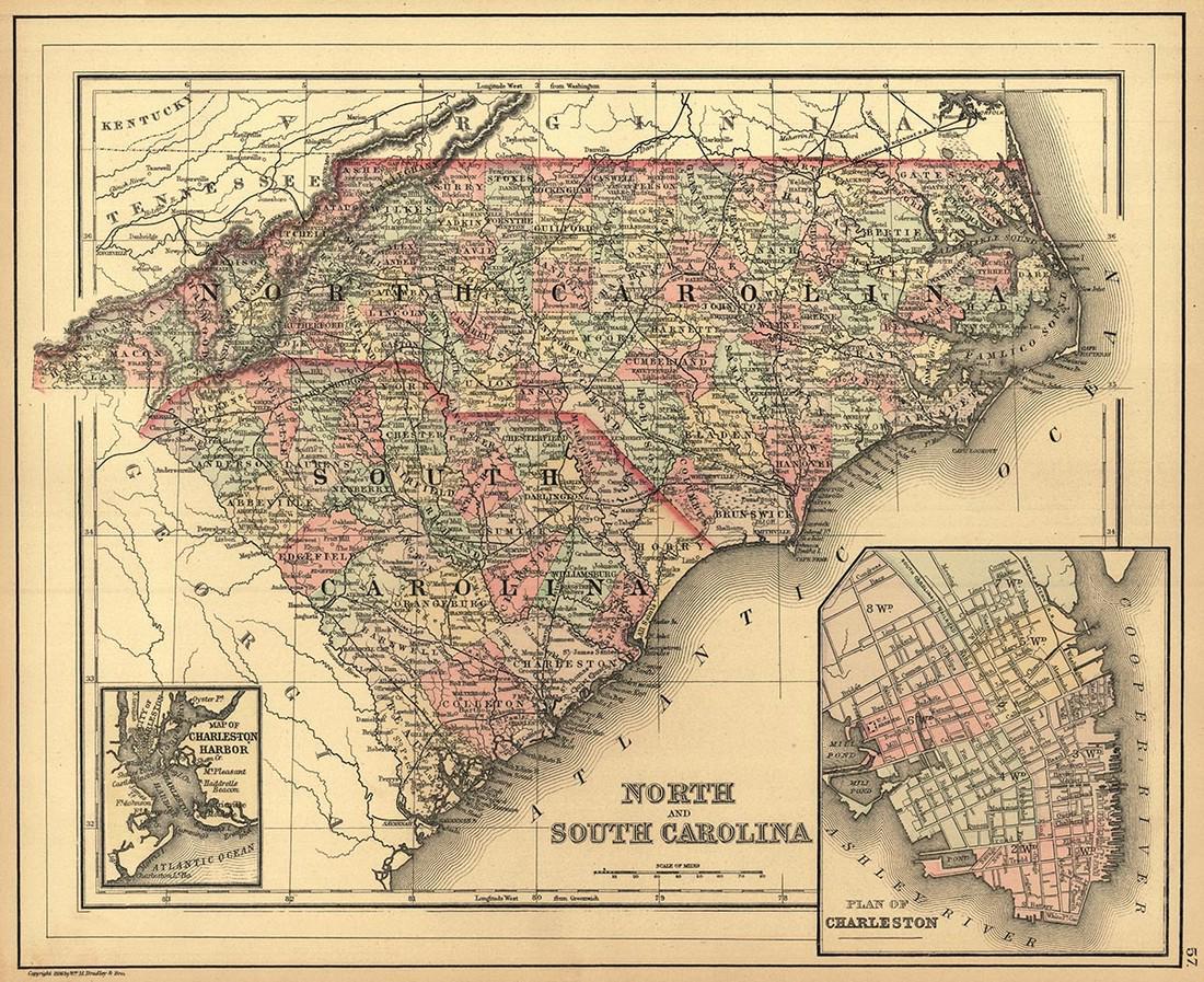North and South Carolina: Publication Date: 1887 Title: North and South Carolina Cartographer: BRADLEY, WILLIAM M. Publisher: WM. M. BRADLEY & BRO. Height: 11.5 Width: 14 Railroads shown and labelled. Inset plans of Charleston