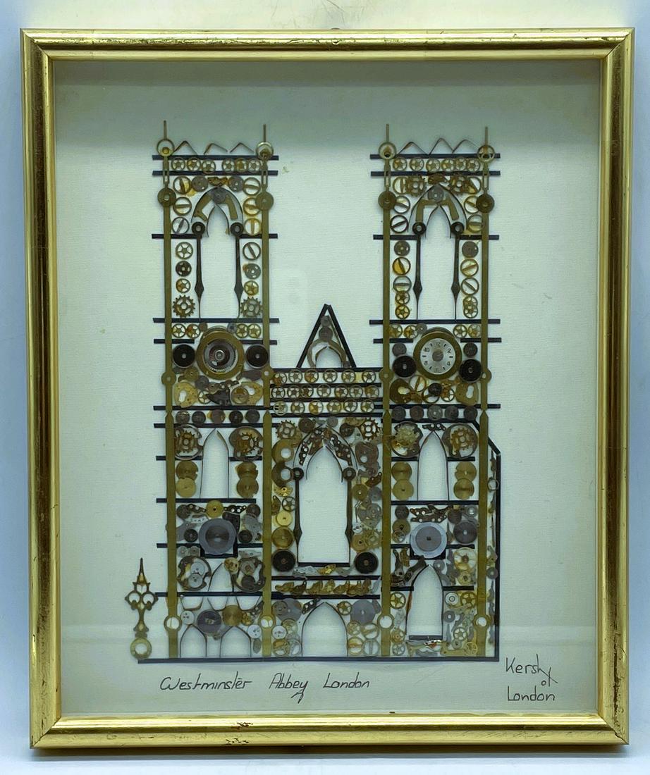 L KERSH OF LONDON SIGNED HOROLOGICAL COLLAGE WESTMINSTER ABBEY WATCH PARTS: Title: L KERSH OF LONDON SIGNED HOROLOGICAL COLLAGE WESTMINSTER ABBEY WATCH PARTS Date/Period: Dimension: approx 12.5 Material: MIXED MATERIALS Additional Information: L KERSH OF LONDON SIGNED HOROLOG