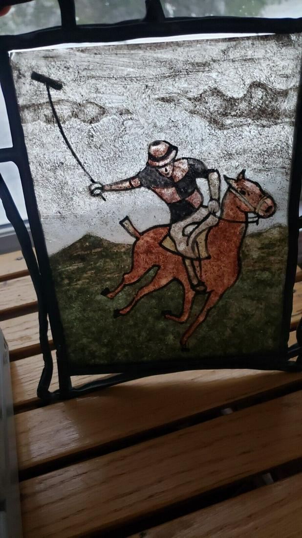 antique stained glass window paint on glass polo jockey horse 1920. (1 of 2)