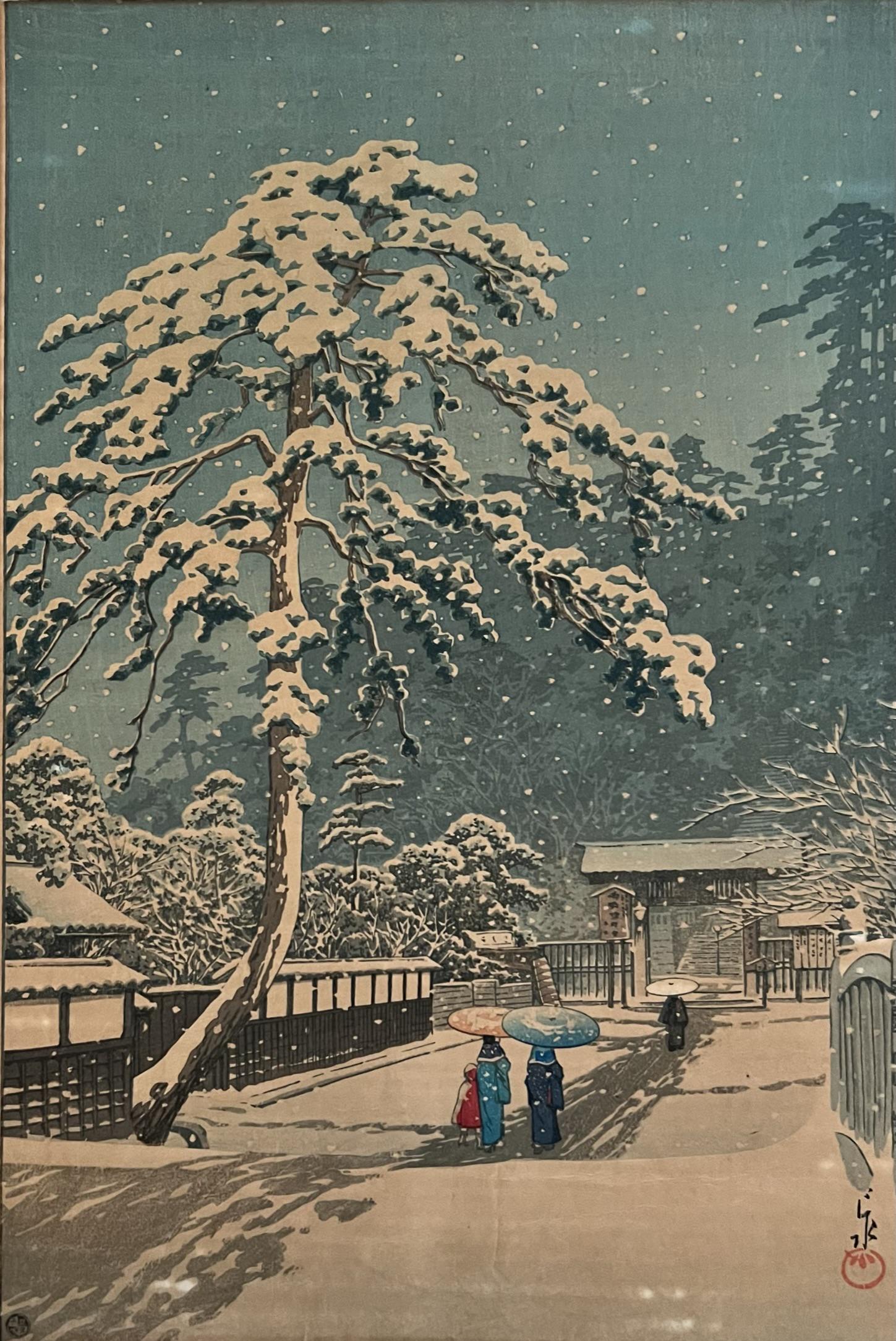 Hasui Kawase ( 1883-1957) Rare Woodcut: Hasui Kawase (1883-1957) "Honmonji Temple in Ikegami" 1931. Woodcut in colors (vertical oban) Published : Watanabe Shozaburo Stamp signature lower right. Dimension: 14 1/4 x 9 1/2" Hasui Kawase was an