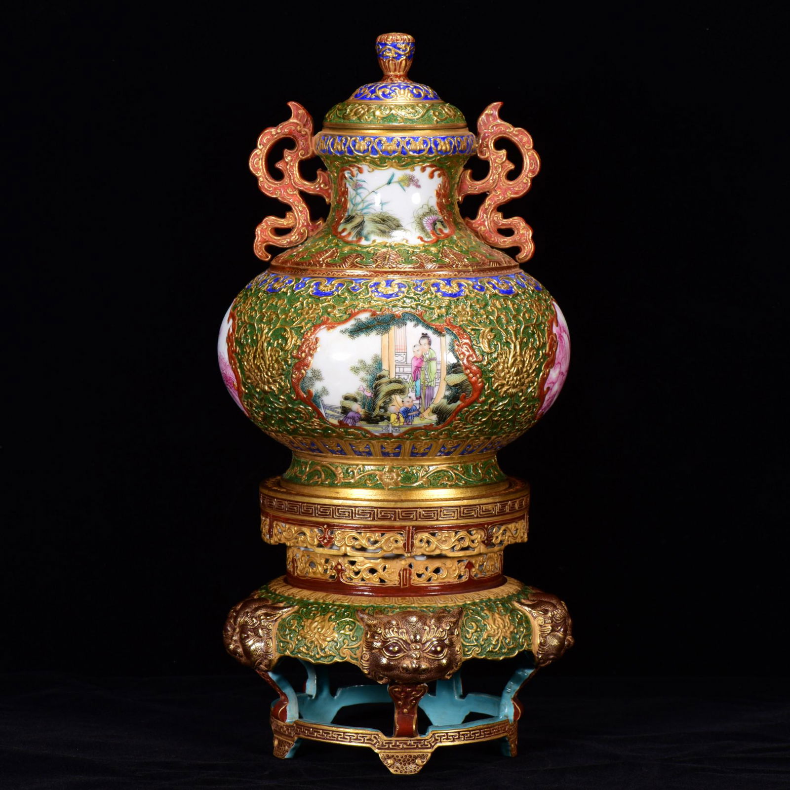 Chinese Qing Dynasty Gilt Gold Enamel Figure Design Porcelain Burner w Base (1 of 9)
