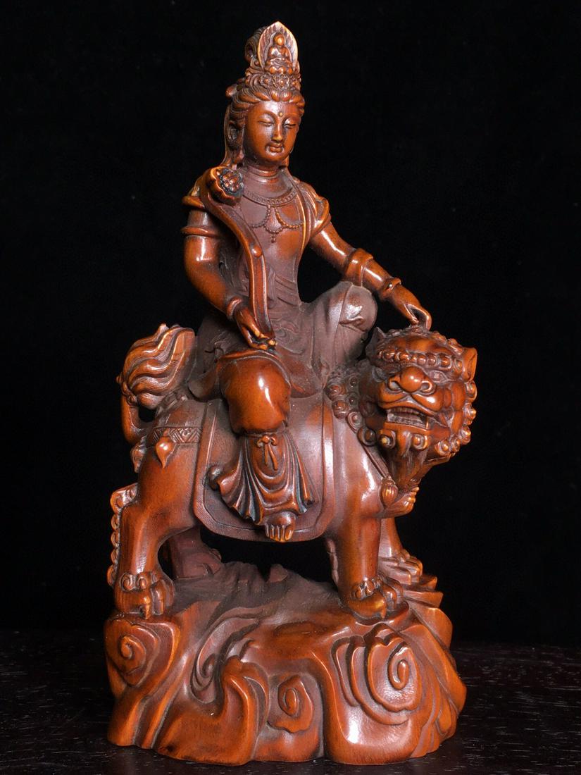 Chinese Boxwood Wood Carved Manjusri bodhisattva Statue (1 of 9)