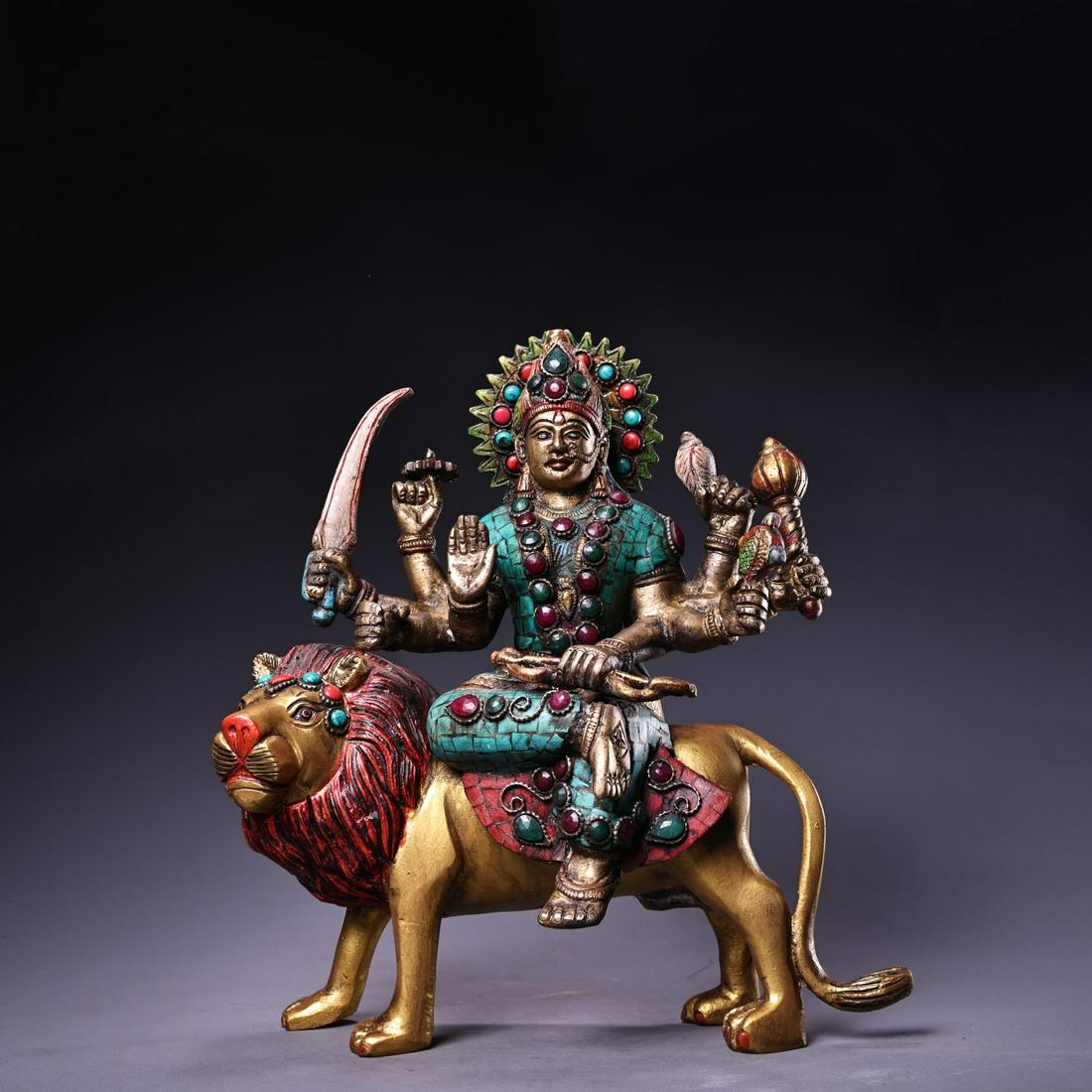 Tibetan Buddhism Gilt Gold Bronze Inlay Turquoise & Gem Six Arm Buddha Statue (1 of 9)