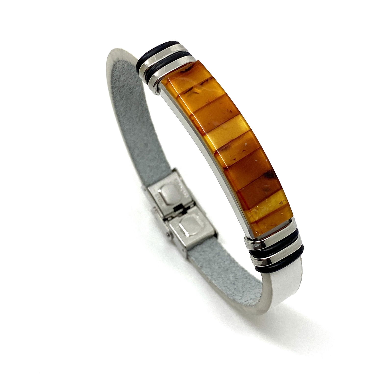 Exquisite Amber Bracelet with natural leather and stainless steel (1 of 10)