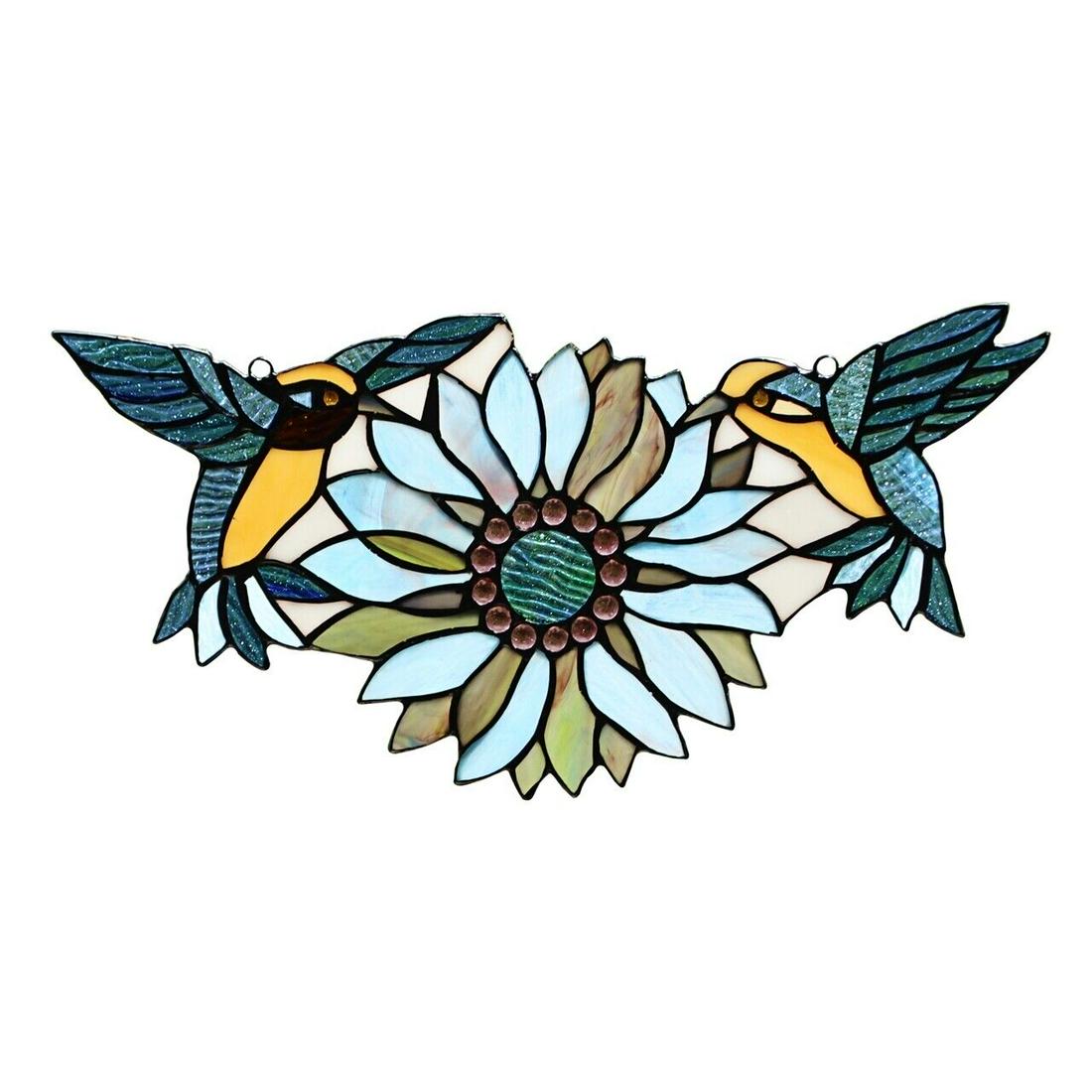 17" Stained Glass Humming Bird Suncatcher Window Panel: 17" Wide 7.87" Tall Nice reproduction stained glass hanging suncatcher. All cut glass and glass bead assembled using the copper foil and solder method. All handmade with individual glass pieces. The t