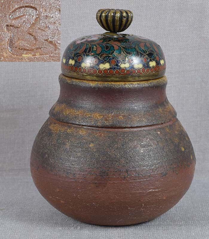 Meiji Japanese tea ceremony BIZEN CHAIRE tea caddy cloisonne cover: Late Meiji / early Taisho chaire (tea caddy for storing powdered green tea used in tea ceremony) of robust squat jar shape with cloisonne cover. Bizen ware with beautiful brown body and ash spots that