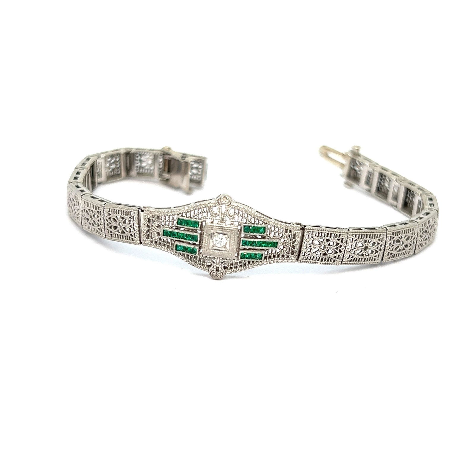 Antique 14k/Platinum emerald diamond filigree white gold ladies bracelet (1 of 10)
